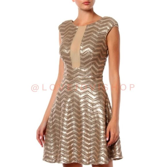 NYE Glam | Gold Champagne A-Line Dress w Chevron Pattern Sequins | BeBe Lined Sm - Picture 1 of 12